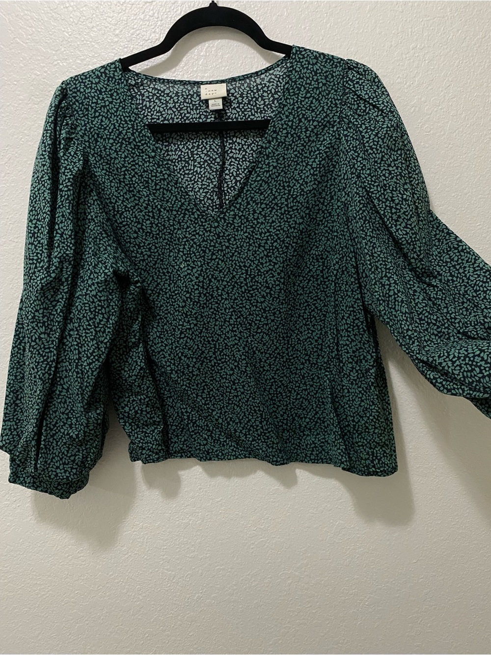 a new day Teal Green Printed V-Neck Blouse with Balloon Sleeves